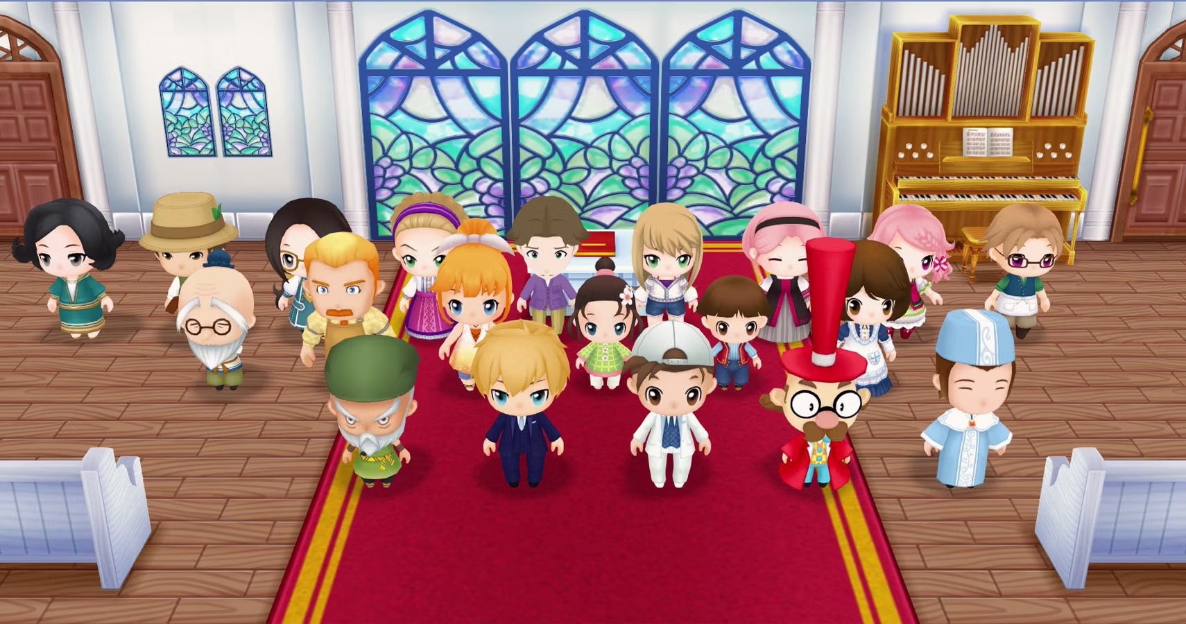Many of the supporting characters of the game close together at a ceremony at a church.