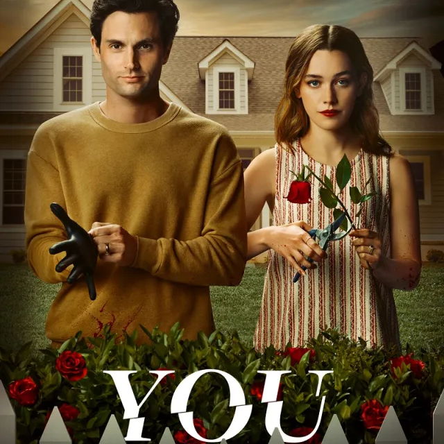 Promotional image from season 3 of you showing Joe and Love in a suburban garden