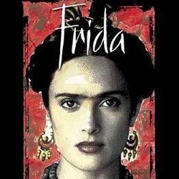 The poster for the film Frida, showing a close up of Salma Hayek's face portraying Frida. The image is made to look older and distressed.