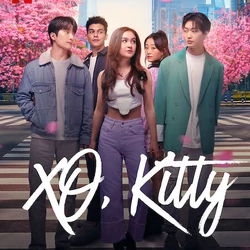 The cast of "XO, Kitty" standing in a crosswalk with Kitty in the center. Kitty stares into the distance while everyone looks at her.