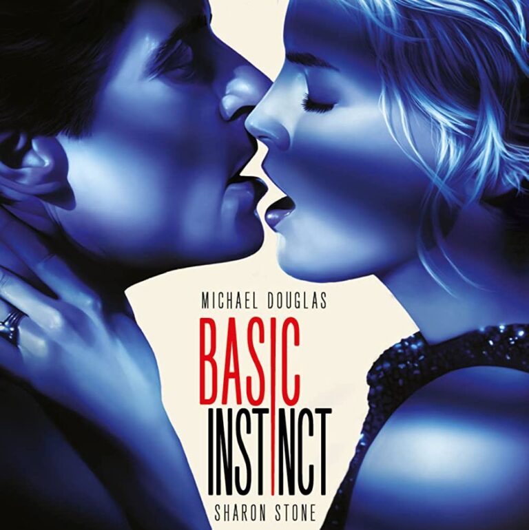 movie poster for basic instinct showing a Nick and Catherine's faces in profile kissing.